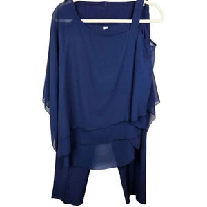 Navy Blue Chiffon Cold Shoulder Top Flat Front Straight Leg Pants Set Size Small